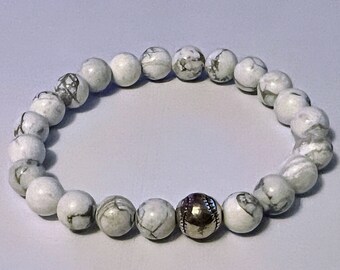 Natural stone stretch bracelet with baseball charm