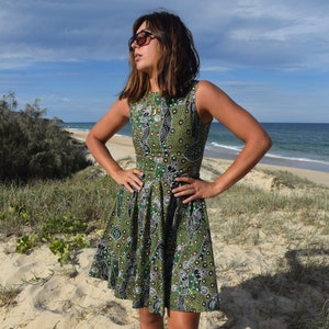 Vintage Inspired Dress- Full Circle Skirt- Pockets- Indigenous Artwork