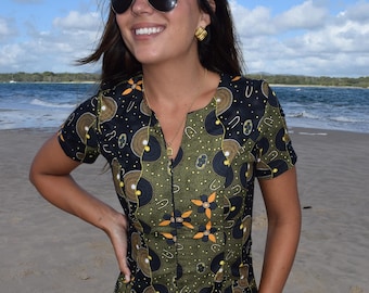 Zip front- A-line silhoutte dress with pockets and cap sleeve- Indigenous artwork