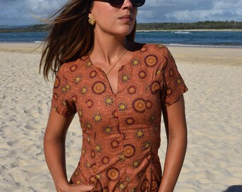 Zip front dress - A-line silhouette - pockets - cap sleeves - indigenous artwork
