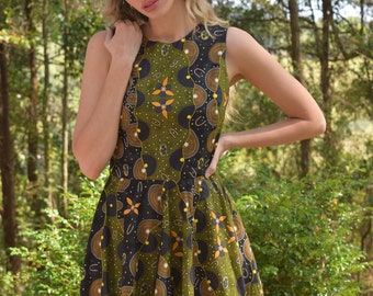 Vintage inspired full circle skirt dress- pockets- Indigenous artwork- made in Noosa