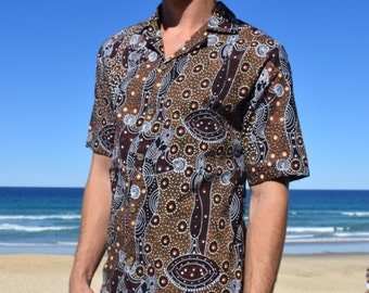 Mens Short Sleeve Shirt- Button Up- 100% Cotton- Aboriginal Artwork Print- Dancing Spirit- Brown