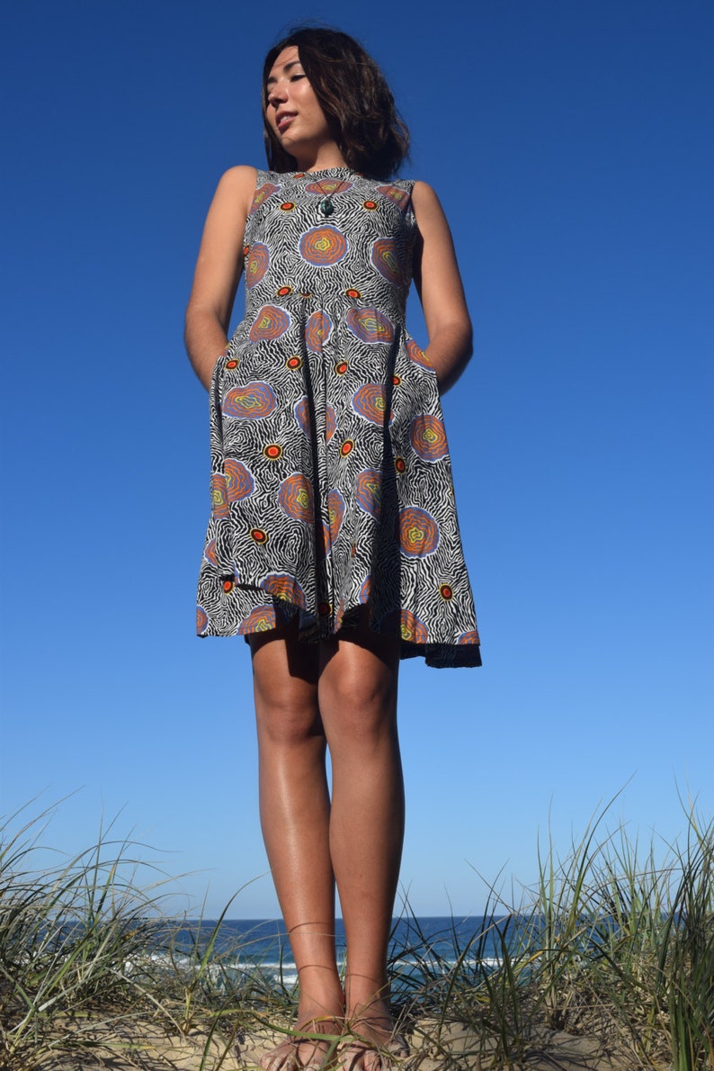 100/% Cotton Aboriginal Artwork Print Vintage style Sleeveless dress- Side Pockets Salt Plain Full Circle Skirt