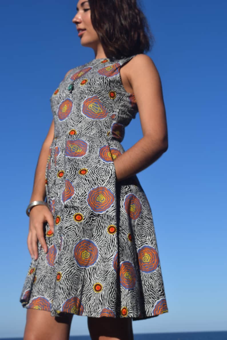 100/% Cotton Aboriginal Artwork Print Vintage style Sleeveless dress- Side Pockets Salt Plain Full Circle Skirt