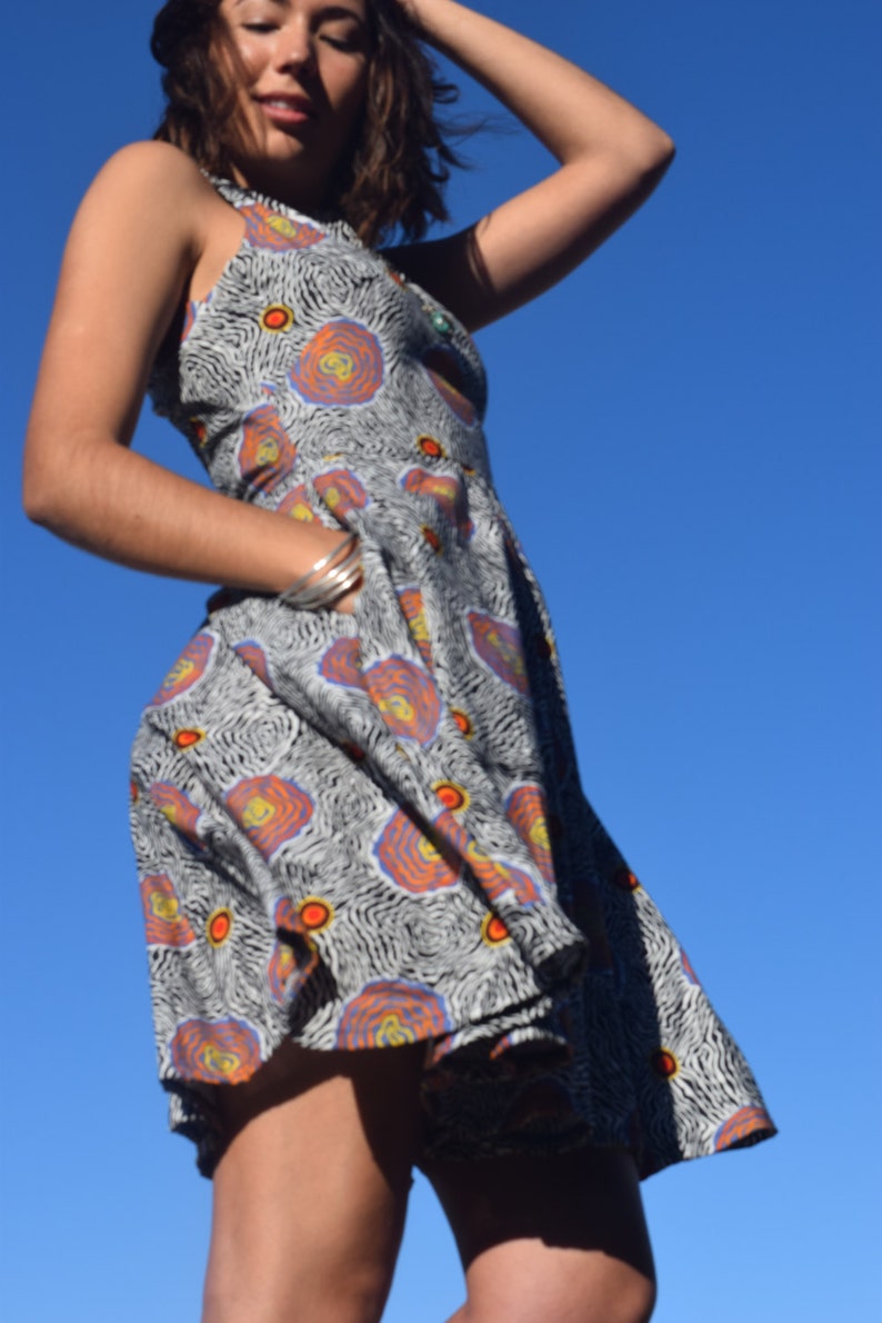 100/% Cotton Aboriginal Artwork Print Vintage style Sleeveless dress- Side Pockets Salt Plain Full Circle Skirt