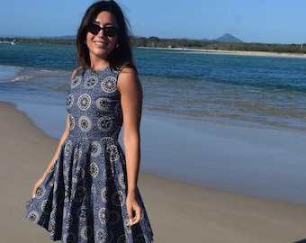 Vintage Inspired Dress- Full Circle Skirt- Pockets- Indigenous Art