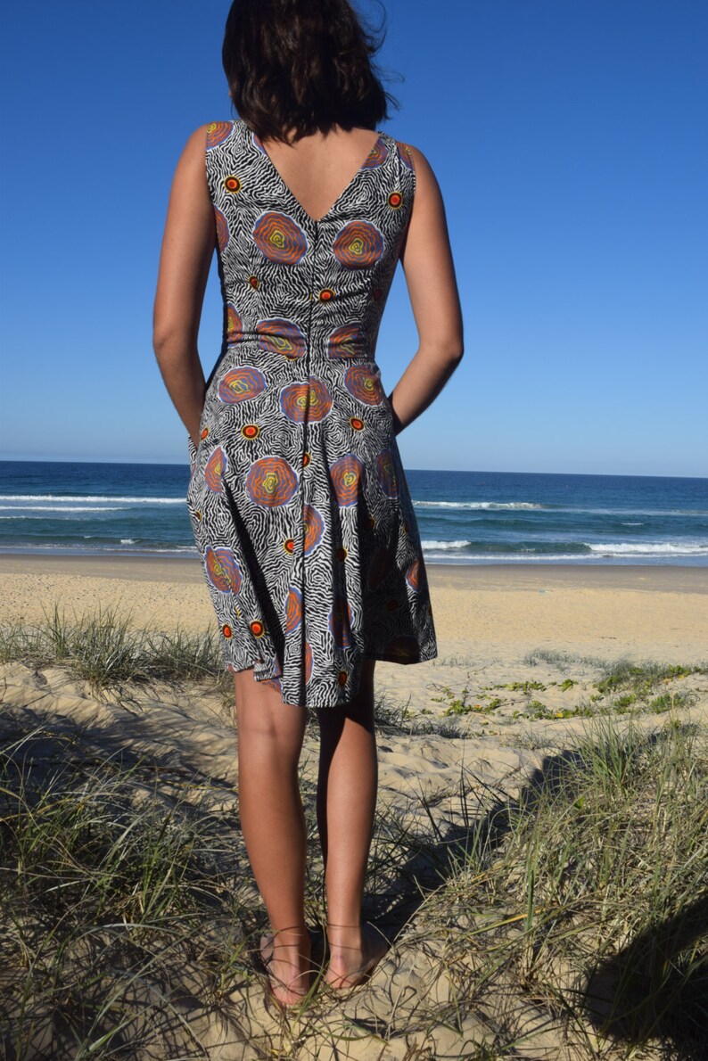 100/% Cotton Aboriginal Artwork Print Vintage style Sleeveless dress- Side Pockets Salt Plain Full Circle Skirt