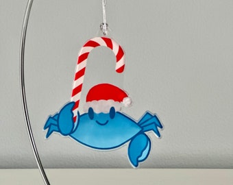 Chesapeake Bay Blue Crab with Santa Hat & Candy Cane Christmas Ornament