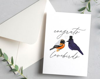 Congrats Lovebirds | Baltimore Raven & Oriole Bride + Groom | 4.25x5.5" Wedding Card | Envelope Included | Blank Inside