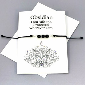 Bescherming Safe Travels Kaartarmband | Ik ben veilig Bescherming Kristalarmband | Safe Travels-armband | Obsidiaan | Manifest genezen armband