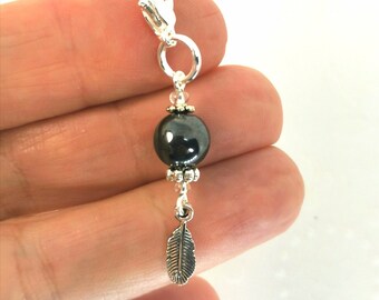 Hematite charm clip | Gemstone Purse Charm |  gemstone Bag Charm |  Crystal gem Gift | Hematite Feather charm | Gem charm  14