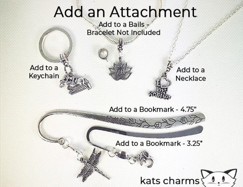 May include: Silver charm options for adding to a keychain, necklace, or bookmark. Charms include a horse, a lotus flower, a heart with the words "I love soldiers", a dragonfly, and a cat. The text "Add to a Bails Bracelet Not Included" is also visible.