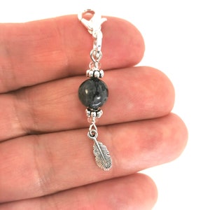 Larvikite charm clip | Gemstone Purse Charm |  gemstone Bag Charm |  Crystal gem Gift | Larvikite Feather charm | Gem charm  266