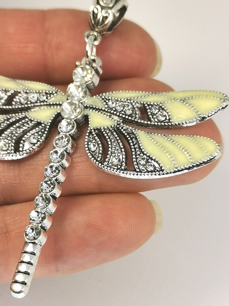Alloy Enamel Pendants with Crystal Rhinestone Light Goldenrod Yellow 65mm x 56.5mm SCC1353 Antique Silver Dragonfly Pendant Necklace