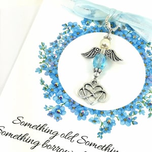 Algo azul ángel encanto / novia memorial ángel / recuerdo de la boda mamá ángel novia regalo encanto / madre no me olvides no tarjeta de ángel floral