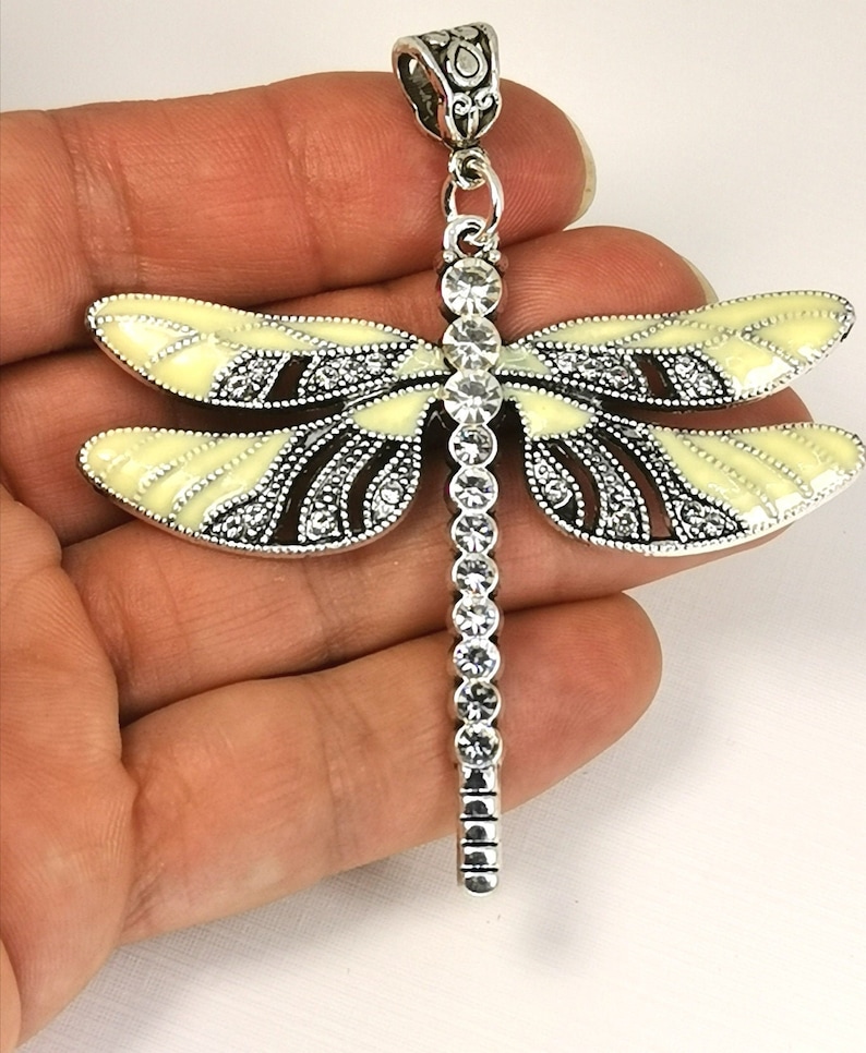 Alloy Enamel Pendants with Crystal Rhinestone Light Goldenrod Yellow 65mm x 56.5mm SCC1353 Antique Silver Dragonfly Pendant Necklace