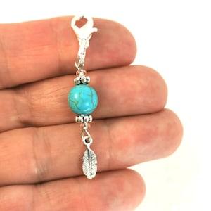 Turquoise charm clip | Gemstone Purse Charm |  gemstone Bag Charm |  Crystal gem Gift | Turquoise Feather charm | Gem zipper  charm  190