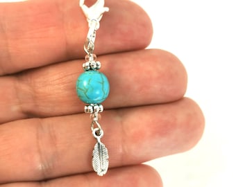 Turquoise charm clip | Gemstone Purse Charm |  gemstone Bag Charm |  Crystal gem Gift | Turquoise Feather charm | Gem zipper  charm  190