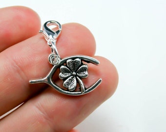 Good Luck Four Leaf Clover Charm. Wishbone Charm. Good Luck Zipper Charm. Good Luck Bag charm - Good luck journal charm  SCC103