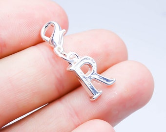 Initial clip on charm | Letter R Charm | Silver Plated Letter R Charm | Clip on Bracelet Charm | Initial Necklace Charm  Bag clip charm 676