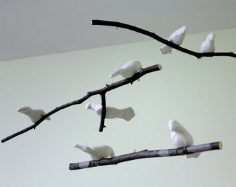 Baby Bird Mobile - Nursery Hanging Mobile - Customize your Colors - Fabric Birds on Natural Tree Branches