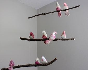 Bird Mobile - Pink or Purple Floral Liberty Fabric / Natural Linen Birds on the natural branches - Made to order