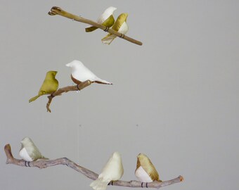 Baby Bird Mobile - Customize Silk Birds On Natural Branches OR Manzanita Branches -Nursery Wall Decor - Made to order