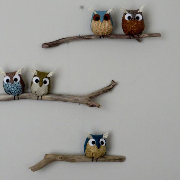 Nursery Owl Bird Hanging Mobile - Fabric Baby Owls On The Natural Tree Branches - Made To Order