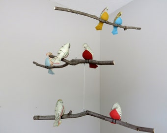 Bird Mobile - Natural Linen and Map OR NewspaperCotton Fabric Birds - Made to order