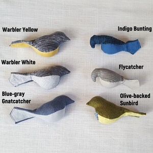 May include: Six handmade fabric bird toys in various colors and patterns, including yellow, white, blue, gray, and green. The birds are labeled with their names: Warbler Yellow, Indigo Bunting, Warbler White, Flycatcher, Blue-gray Gnatcatcher, and Olive-backed Sunbird.