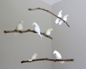 Bird Mobile - Natural and White Linen Fabric Birds - Made to order