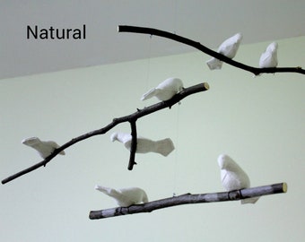 Baby Bird Mobile: Linen Birds, Natural Tree Branches, Nursery Decor