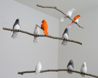 Bird Mobile - White Linen, Orange or Blue and Gray Fabric Birds - Made to order