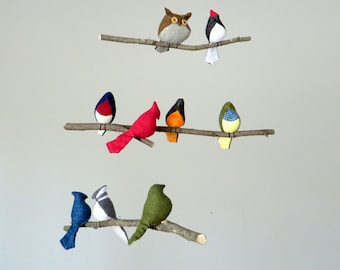 Custom Baby Hanging Bird Mobile - Choose American Woodland Birds - Nursery Décor - Birds on Natural Tree Branches