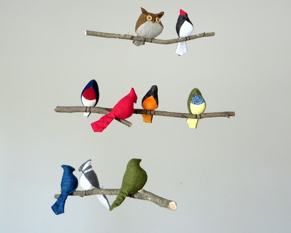 Custom Bird Mobile: American Woodland Nursery Decor on Natural Branches