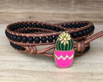 Succulent Black Double Wrap Bracelet