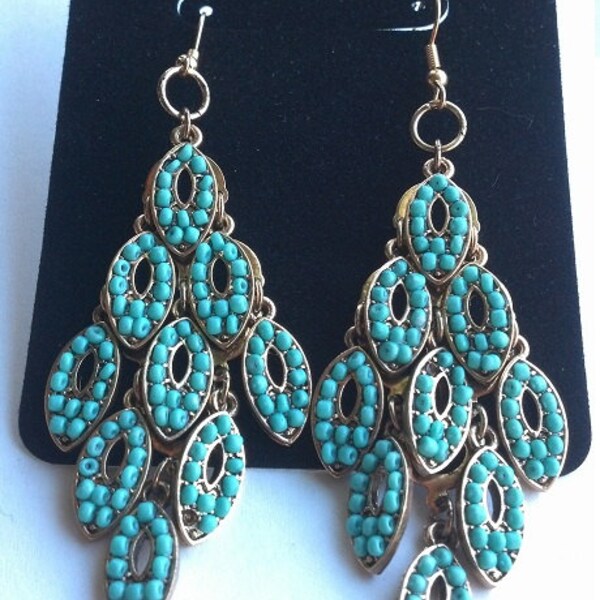 Boho Turquoise Dangle Earrings with Gold Accents, Bohemian Earrings, Turquoise Jewelry