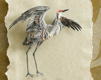 Blank Card - 'Raising Wings' - Sandhill Crane Paper Sculpture, Print