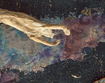 Flight - Blank Card Print of Paper Sculpture - Cougar Mountain Lion leaping in southwest desert canyon with night sky and Milky Way galaxy