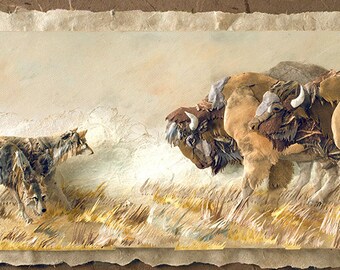 Blank Card - 'We Can Move Mountains' - Paper Sculpture, Print of wolf pack hunting bison, buffalo