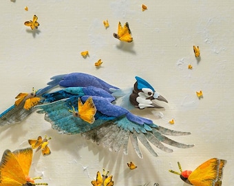 Blank Card - 'Blues and Sulphurs' - Blue Jay and Butterflies - print of paper sculpture