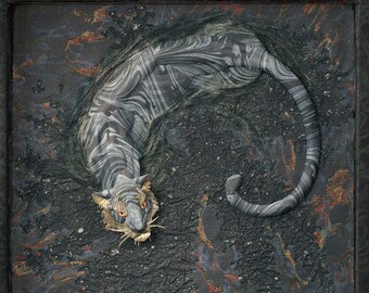 Dark Winter Waters - Blank Card Print of Tiger Paper Sculpture, Night Water Tiger in Black