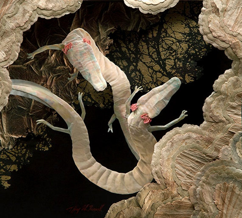 Blank card 'Dragons in Darkness' Cave Salamander Paper Sculpture, Print image 1