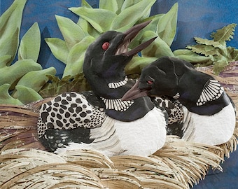 Together - Nesting loon couple - Giclee fine art reproduction of Cut Paper Sculpture by artist Tiffany Miller Russell