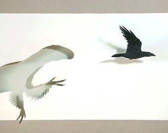 Blank Card - 'Passing' - Raptor Dinosaur and Raven Paper Sculpture, Print