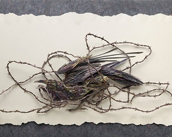 Stomp - Raven and Barbed Wire - Giclee Fine Art Print of Paper Sculpture