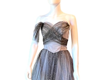 Vintage 1950's strapless tulle Marshall Field black gray prom dress S