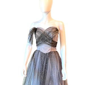 Vintage 1950's strapless tulle Marshall Field black gray prom dress S image 1