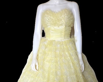 Vintage 1950's strapless yellow tulle cupcake prom formal dress S