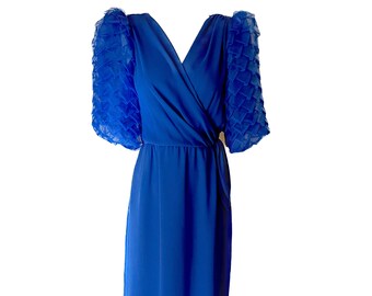 Vintage 1970's blue chiffon designer Miss Ellliette dress puff sleeves M